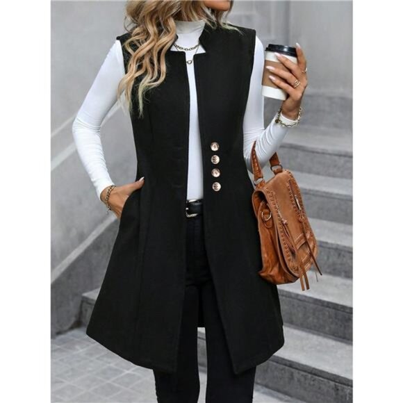 Button Up Sleeveless Longline Vest Coat - Picture 2 of 11
